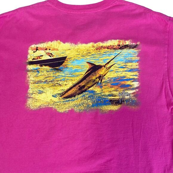 Guy Harvey Blue Water Pink T Shirt Size Large Salt Water Fishing Outdoors Pocket - Picture 1 of 11